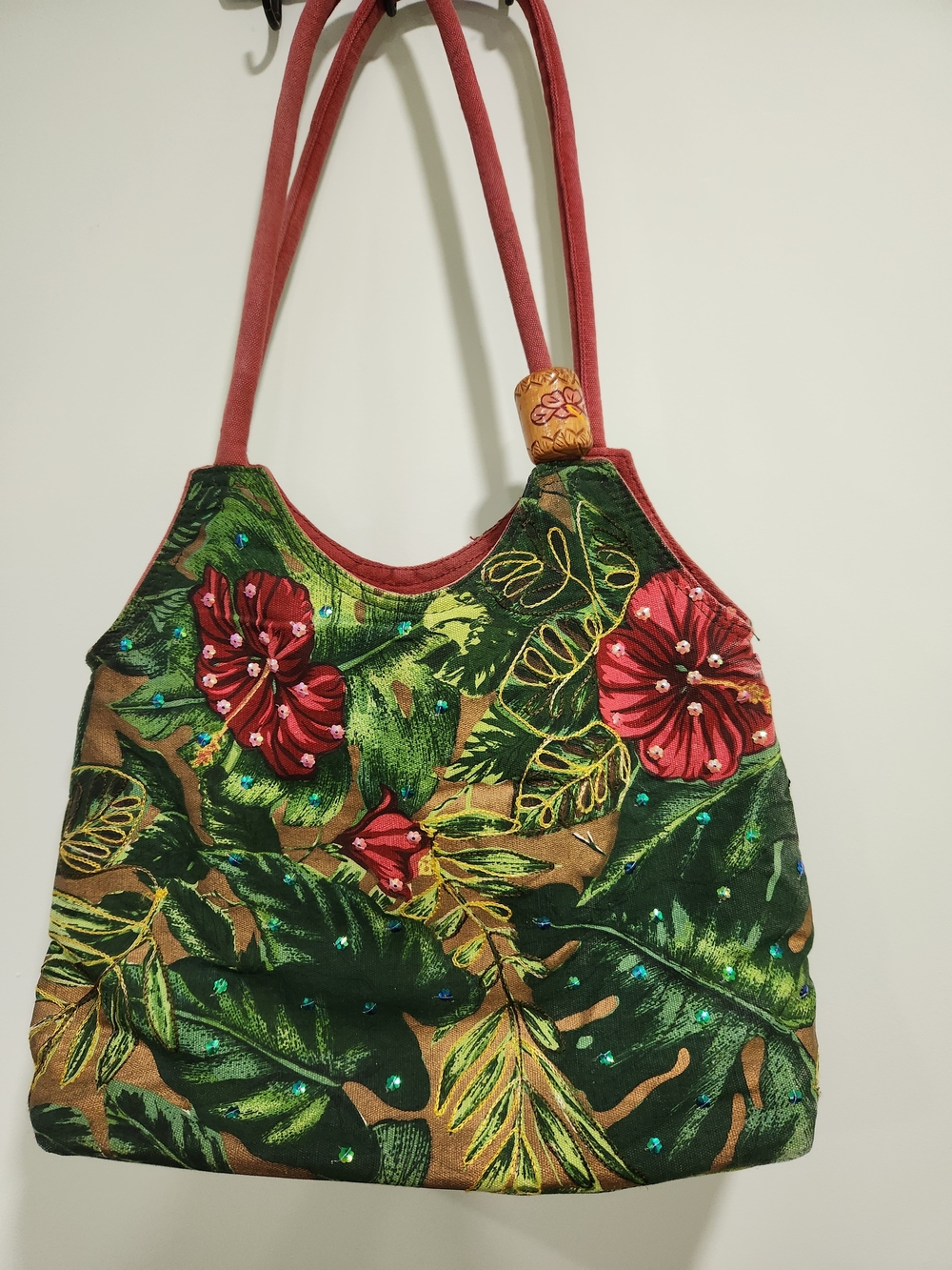 Embroidered Green Floral Shoulder Bag with Red Accents